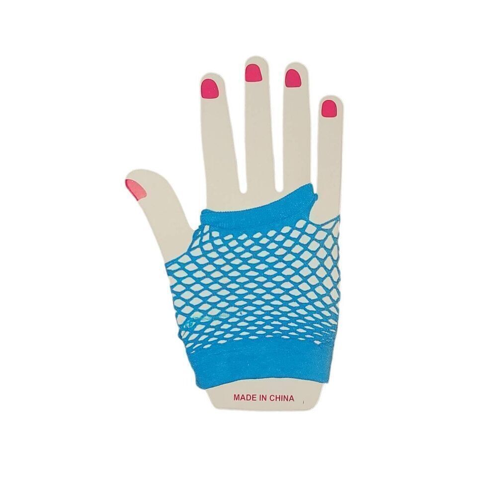 Neon Blue Fishnet 80s Rave Goth Halloween Festival Costume Fingerless Gloves